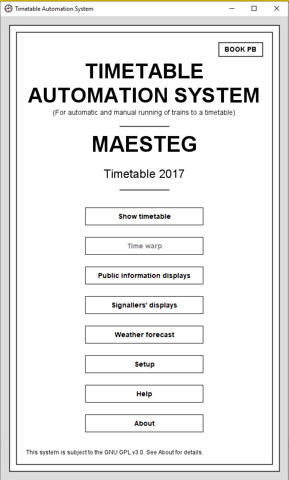 Timetable Automation System main menu styled as a British railway Working Timetable cover page for Maesteg Timetable 2017