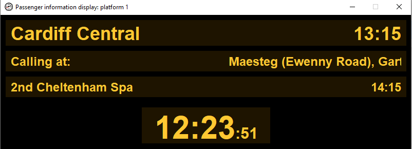 Passenger Information Display for Platform 1 showing 13:15 Cardiff Central, calling pattern, 14:15 Cheltenham Spa and digital clock