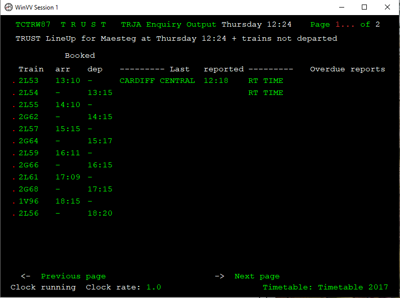 WinVV Session 1 TRUST TRJA Enquiry Output green-screen terminal showing TRUST LineUp for Maesteg