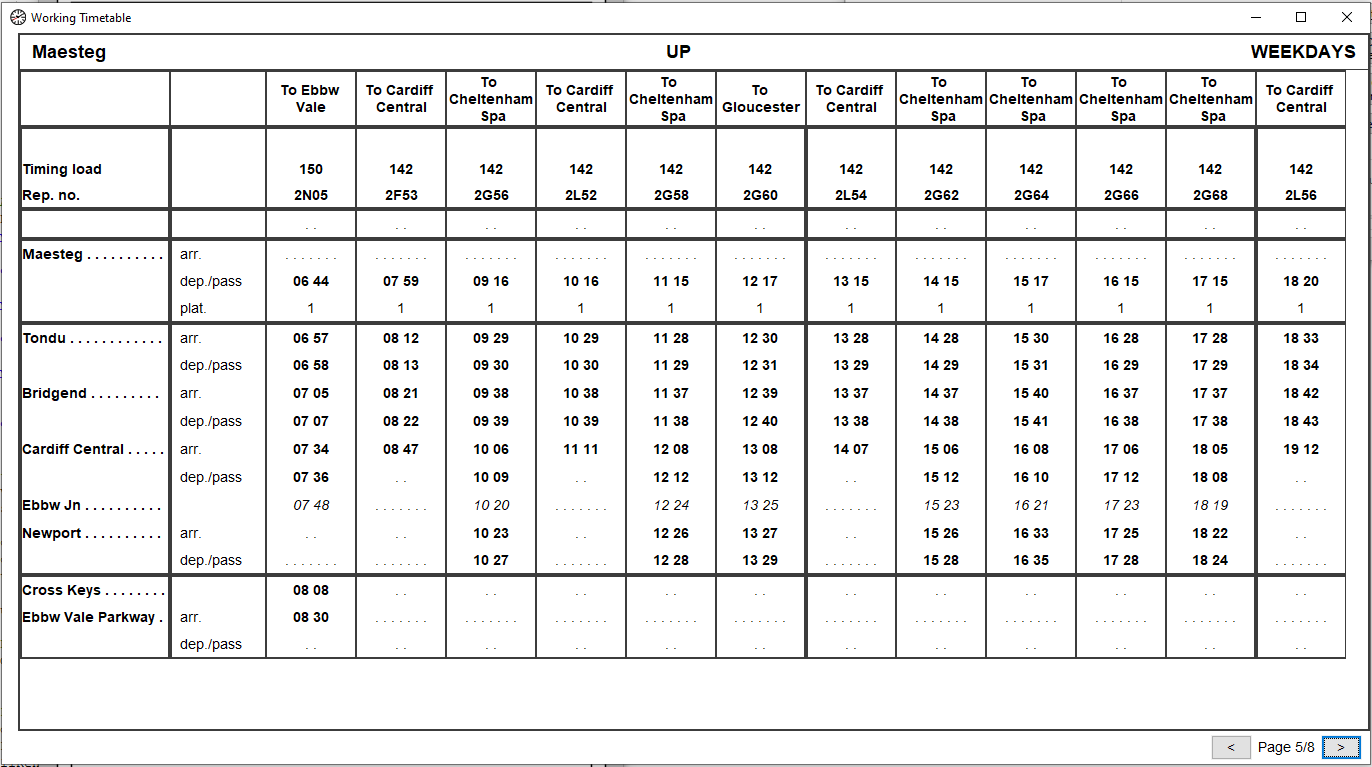 Working Timetable view showing Maesteg UP Weekdays services, timing loads, reporting numbers, and station times