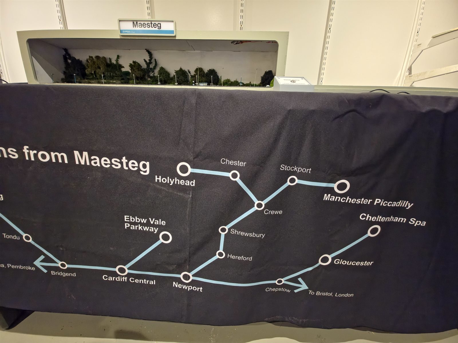 Maesteg layout in its proscenium case with the printed Trains from Maesteg route map cloth