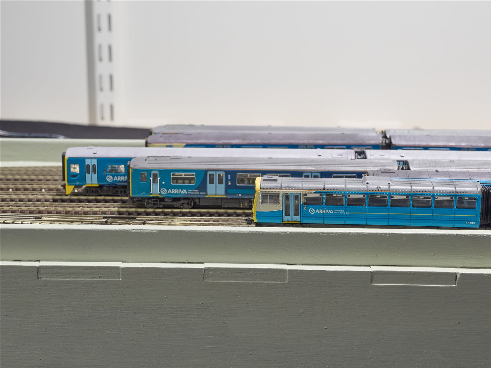 Line-up of Arriva Trains Wales DMUs in the fiddle yard