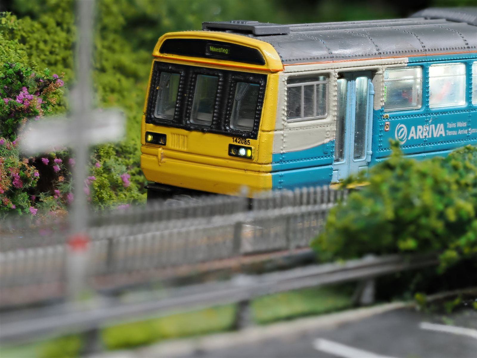 Close-up of Arriva Trains Wales Class 142 Pacer 142085 showing Maesteg destination blind