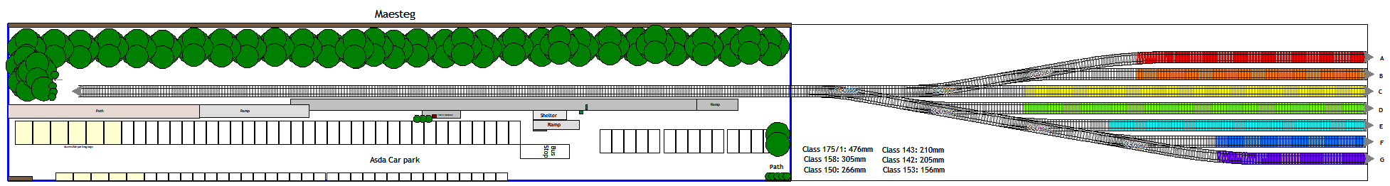 Complete track plan of the Maesteg layout showing the scenic terminus station, Asda car park and 7-road fiddle yard (Roads A to G)